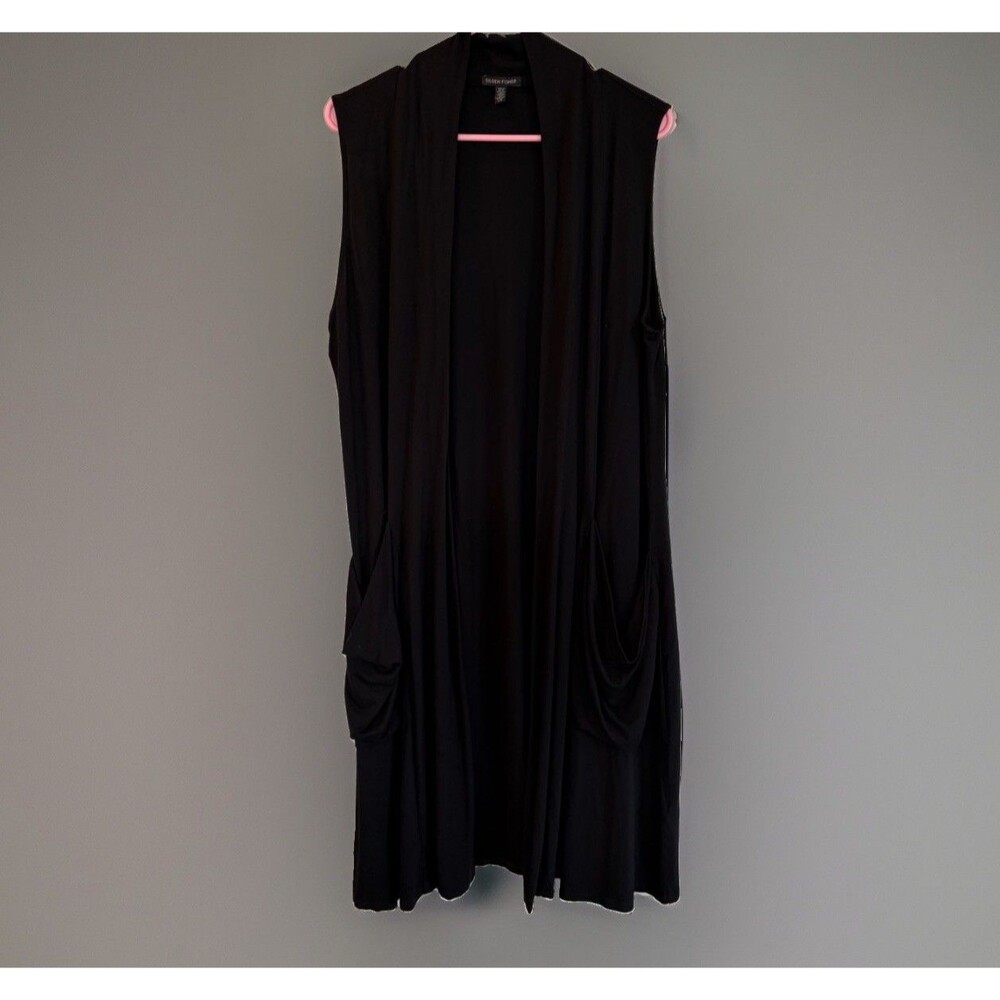 Eileen Fisher Long Duster Vest Cardigan L Black Open Front Pockets Minimalist